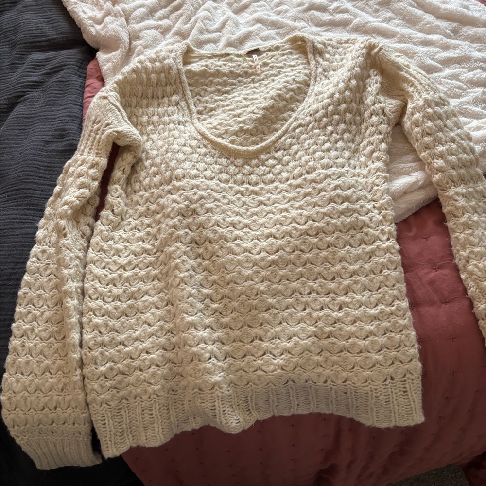 Free People Cream Knit Scoop Neck Sweater
